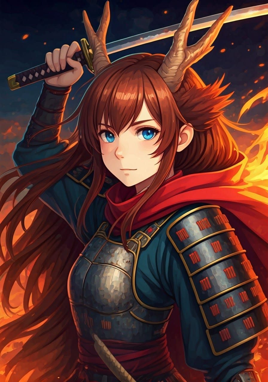 Anime Dragon Girl with Katana in Ghibli Style