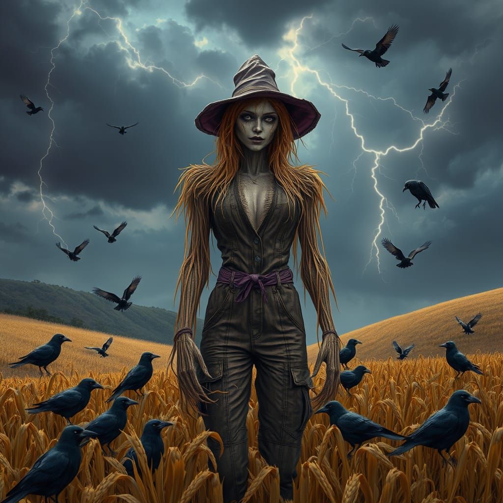 Scarecrow in Stormy Field: Dark Fantasy Concept Art