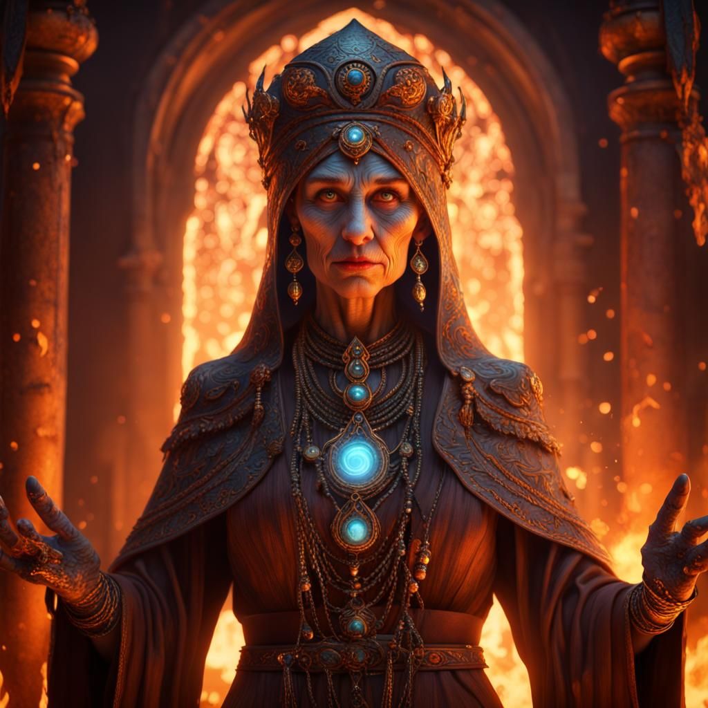 Ember-Eyed Priestess: Detailed Matte Painting