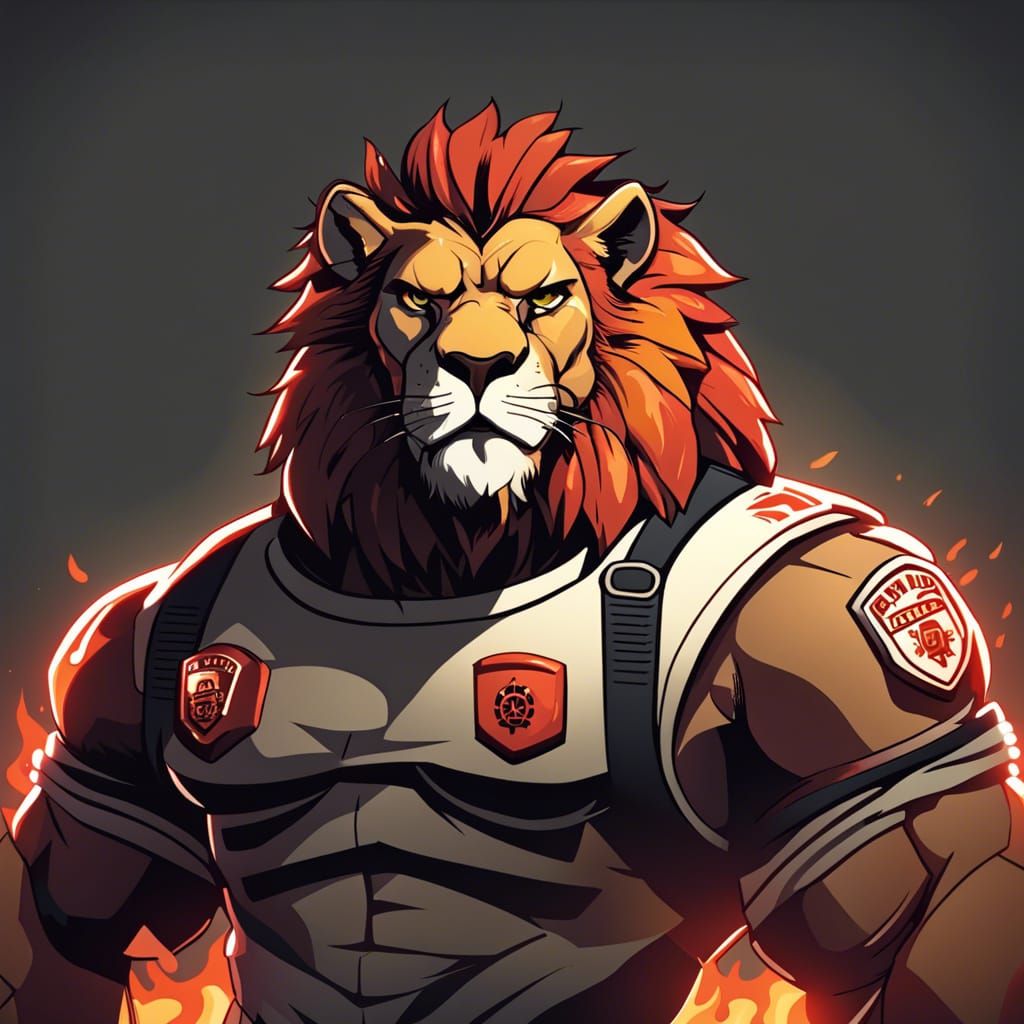 Angry Lion in Firefighter Outfit, Vectorecore Comic Art