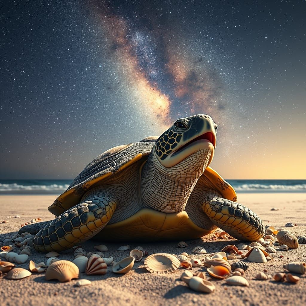 Singing Turtle Under the Milky Way: Photorealistic Image