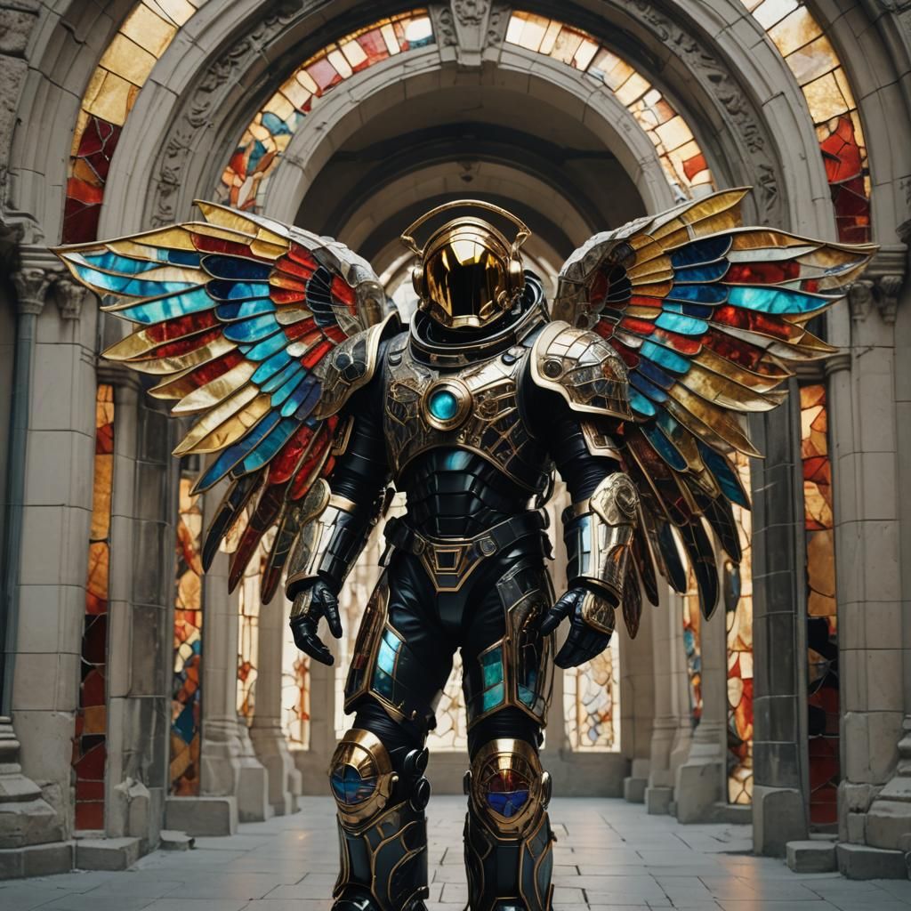 Biomechanical Astronaut with Stained Glass Wings