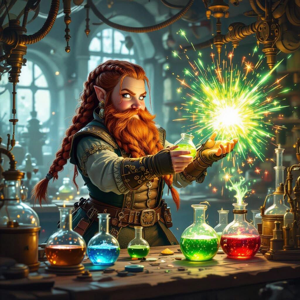 Dwarf Technician's Potion Explosion in Steampunk Lab