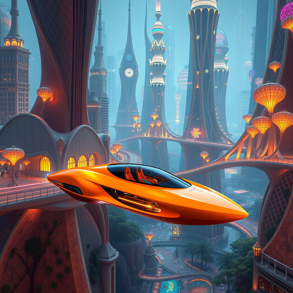 Futuristic Flying Car in Neon Cityscape