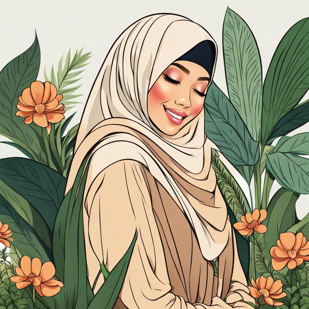 Smiling Muslim Woman in Hijab With Houseplants: Digital Art