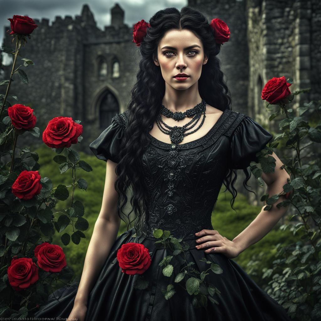 Hyperrealistic Selene Goddess in Ireland with Black Roses