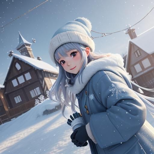 Whimsical Anime Girl Builds Snowman in Winter Wonderland