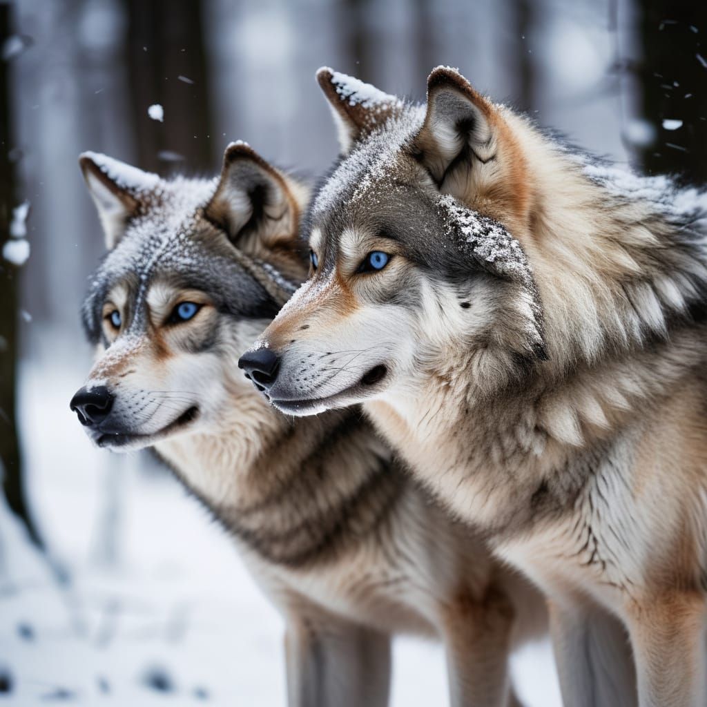 Two Wolves Embrace in Snowy Forest - Fine Art Monochrome Pho...