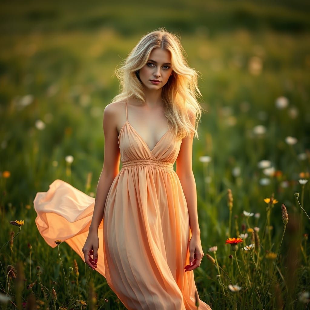 Woman in Meadow: Vibrant Colors and Natural Elegance