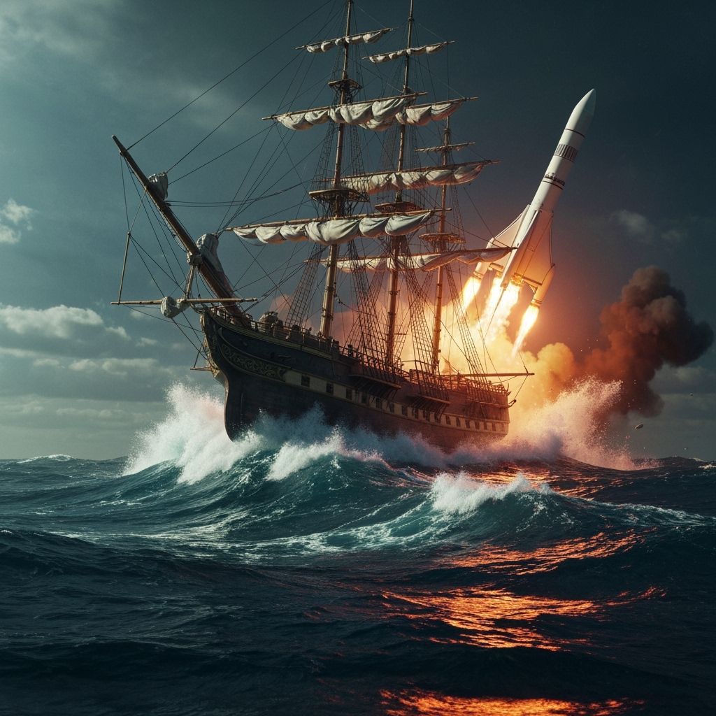 Sailing Ship in Storm with Rocket Launch, Hyperrealism