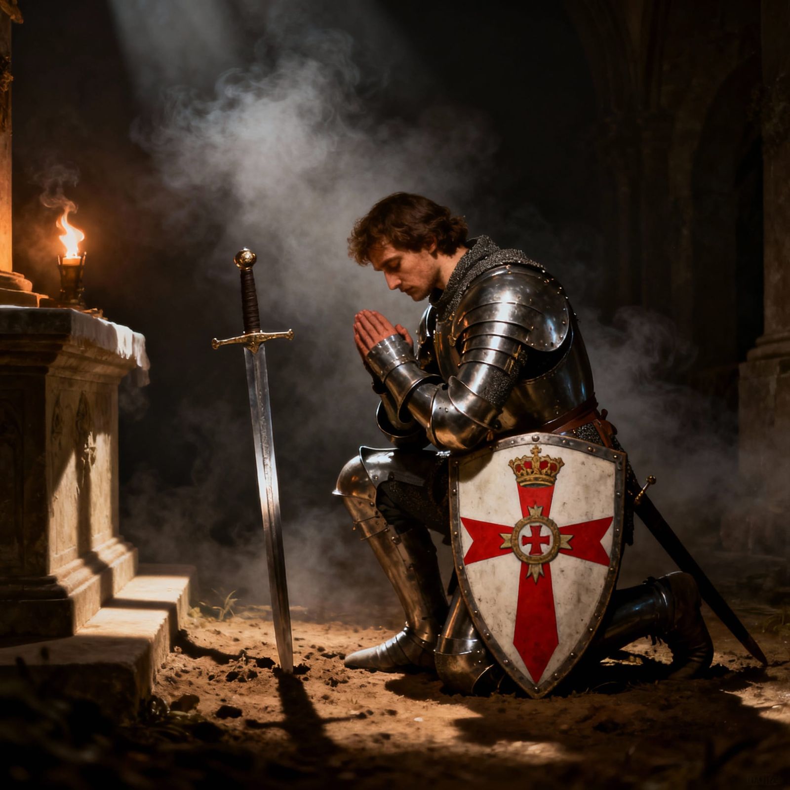 Knight in Armour Kneeling in Prayer with Northern Ireland Fl...