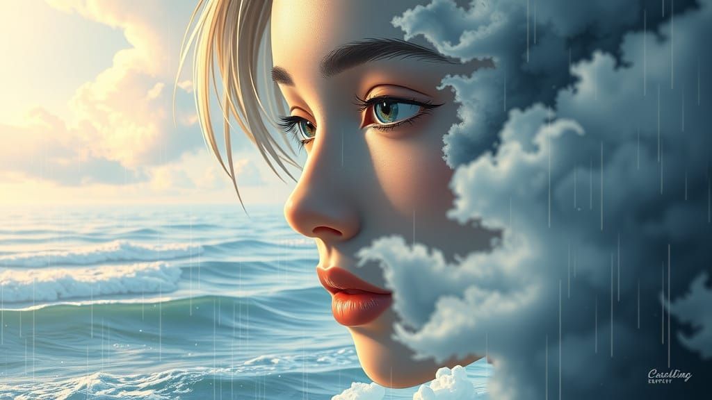 Dreamlike Coastal Fusion: Woman in 3D Anime Style