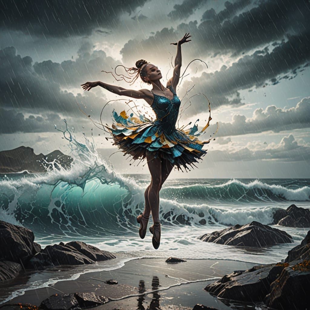 Ballerina and Stormy Ocean Double Exposure in Mixed Media