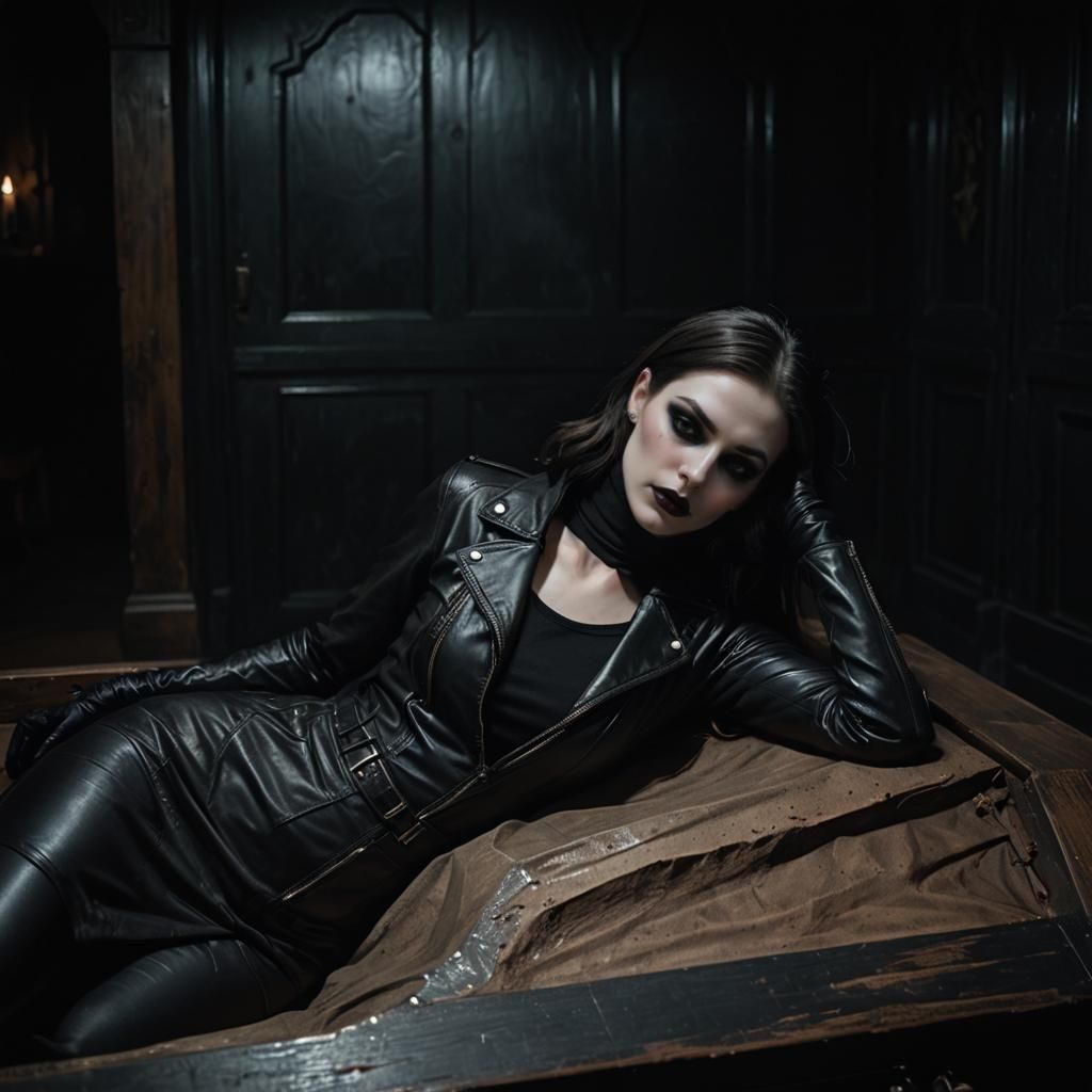 Goth Vampire Woman Sleeping in Coffin