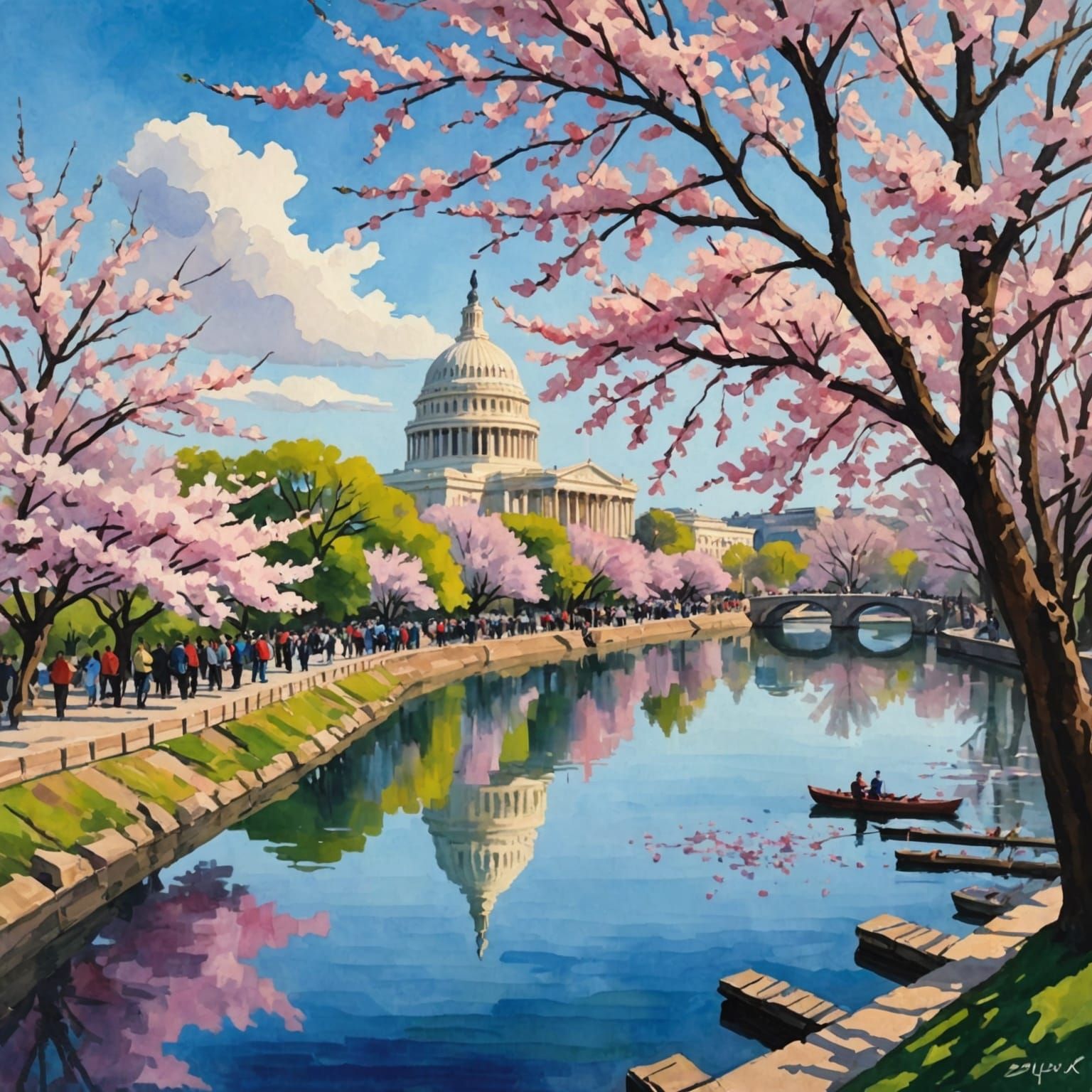 Cherry Blossom Festival, Gouache Style Impressionist Paintin...