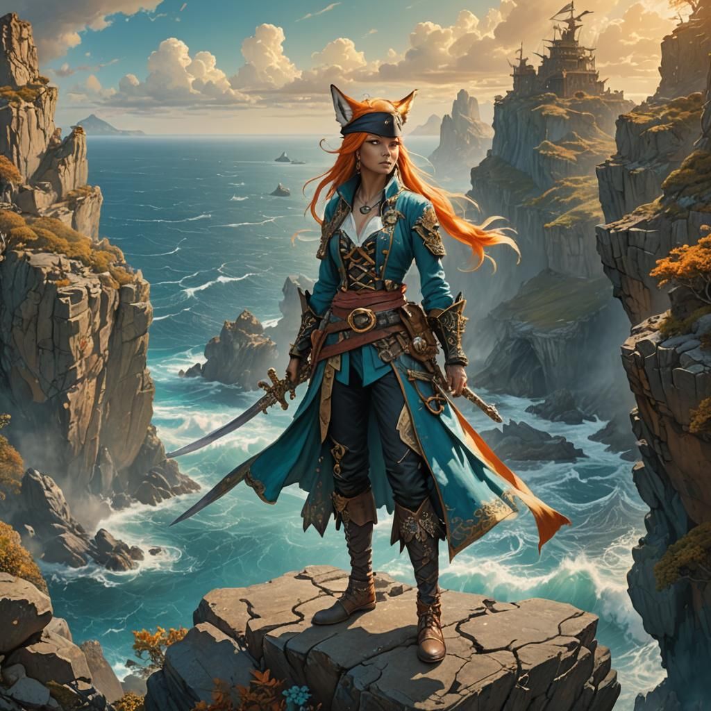 Kitsune Pirate on Rocky Cliff in Fantasy Style