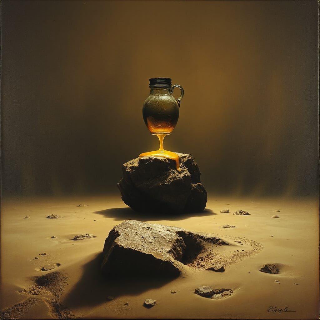 Surreal Melting Honey Pot in Ethereal Landscape