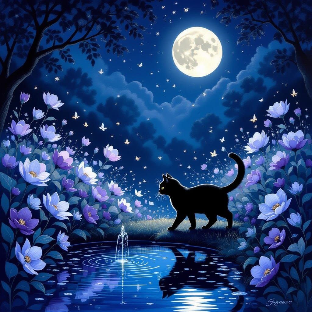 Black Cat in Moonlit Garden of Glowing Flowers