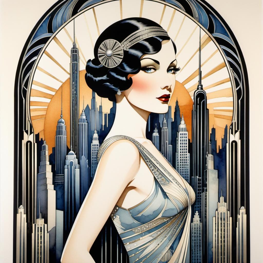 Art Deco Woman in Metropolis Skyline