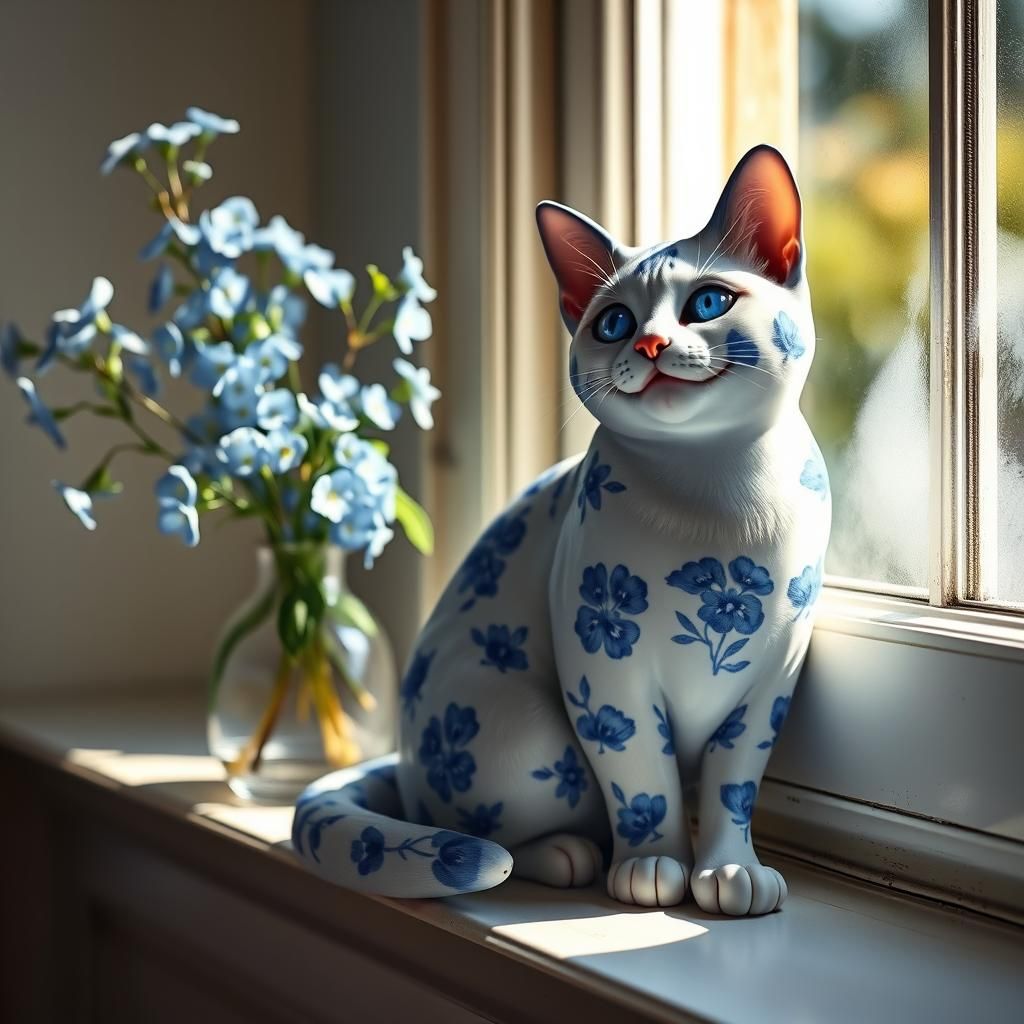 Blue China Cat Figurine with Forget-Me-Nots