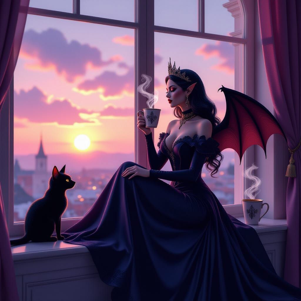 Vampire Lady and Bat Watch Sunrise with Steaming Coffee