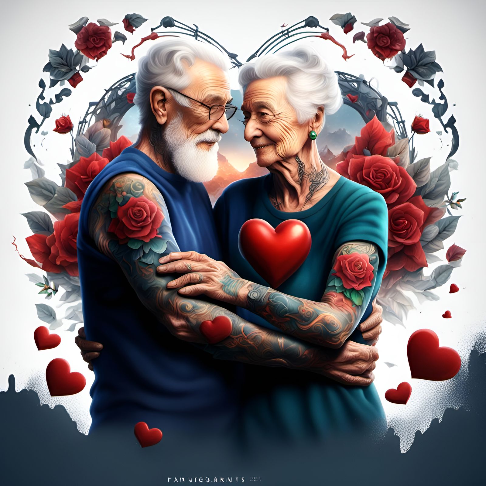 Elderly Couple's Heart Tattoos: Detailed Fantasy Art