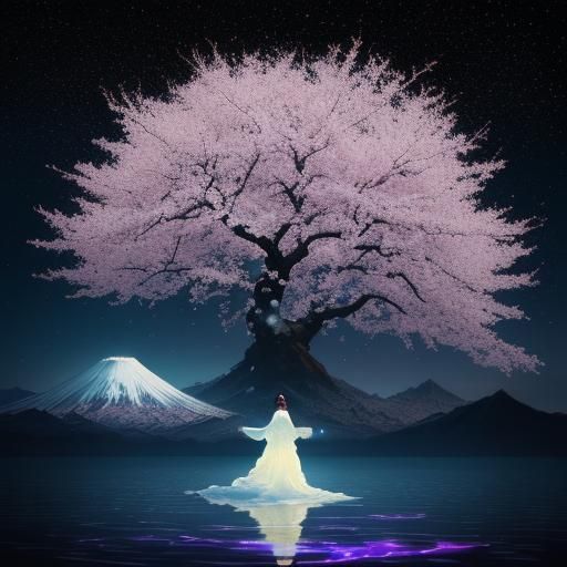 Japanese Girl in Cherry Blossoms, Astral Cosmic Art