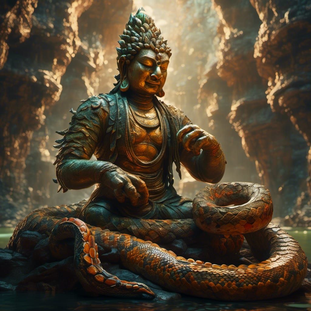 Hyperrealistic Naga Buddha Creature in Cavern