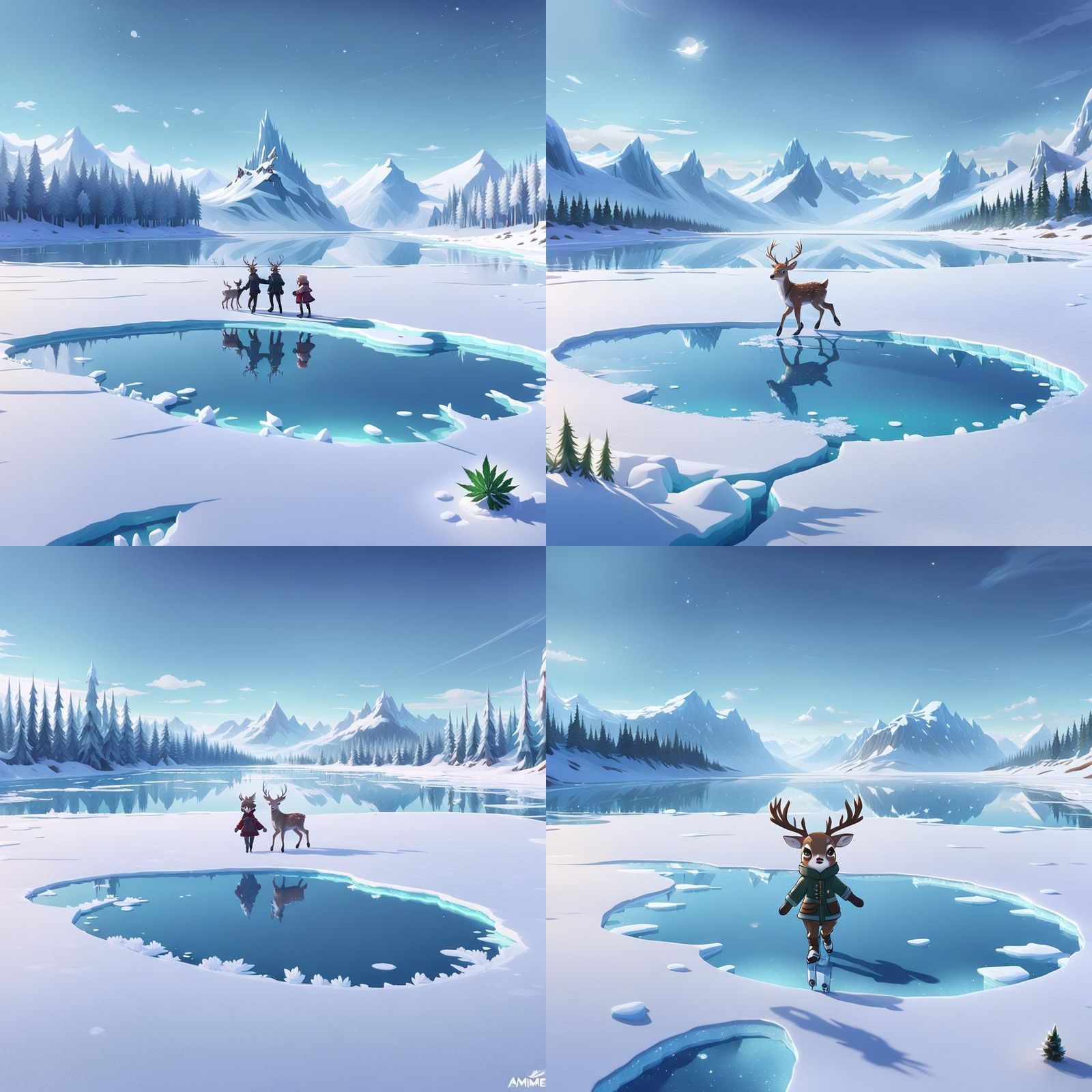 Chibi Human-Deer Skating on Frozen Lake