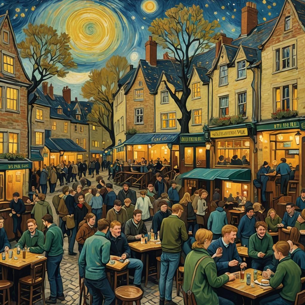 Students in Campus Pub: Impressionist Van Gogh Style