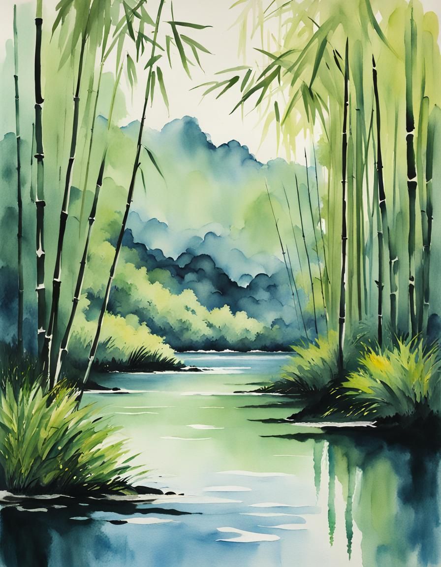 Bamboo Forest River: Minimalist Gouache Ink Painting