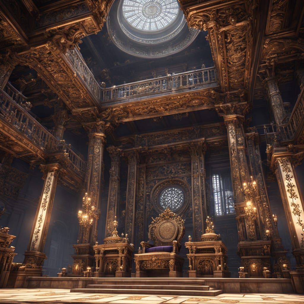 Majestic, Abandoned Throne Amidst Grand, High-Ceilinged Cham...