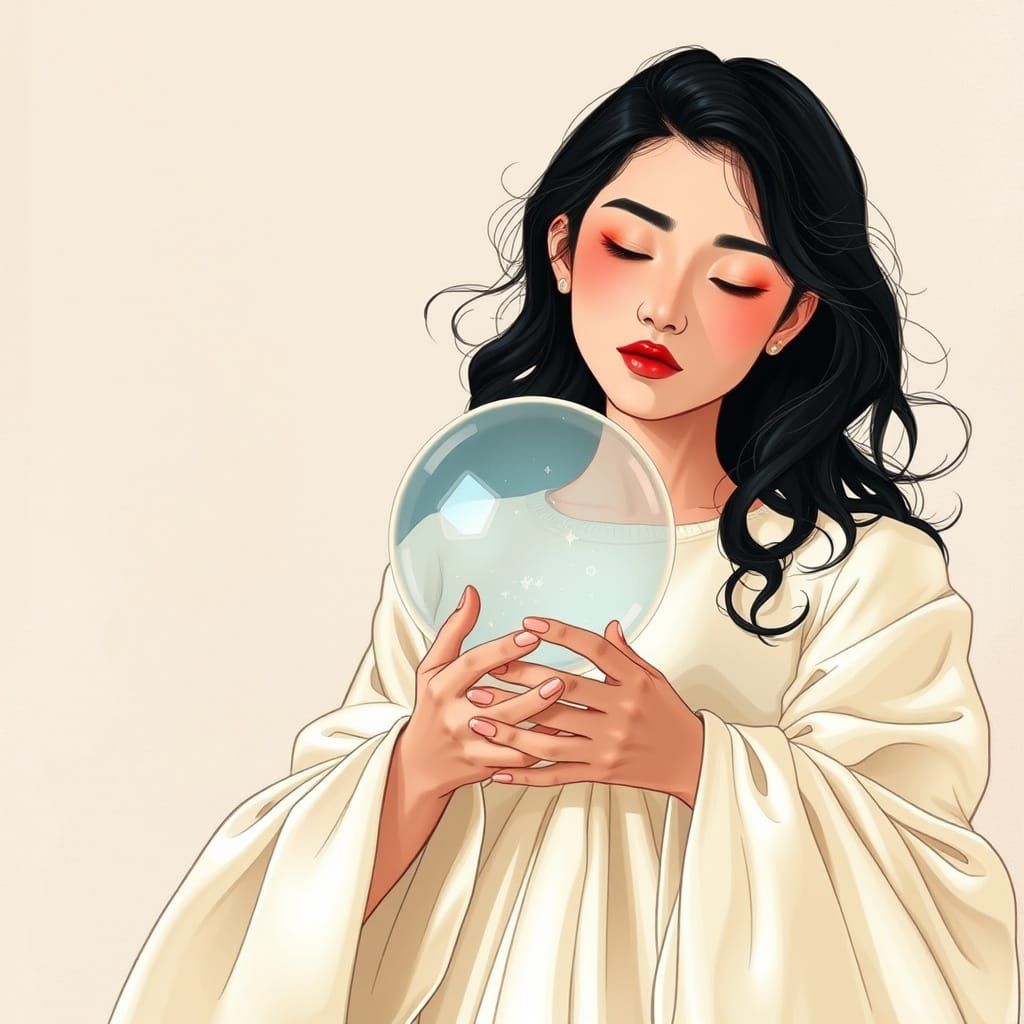 Elegant Woman Holding Magic Bubble in Art Nouveau Style