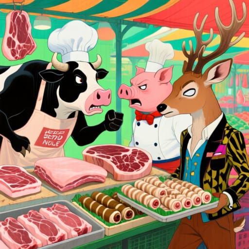 Whimsical Market Scene with Arguing Animals