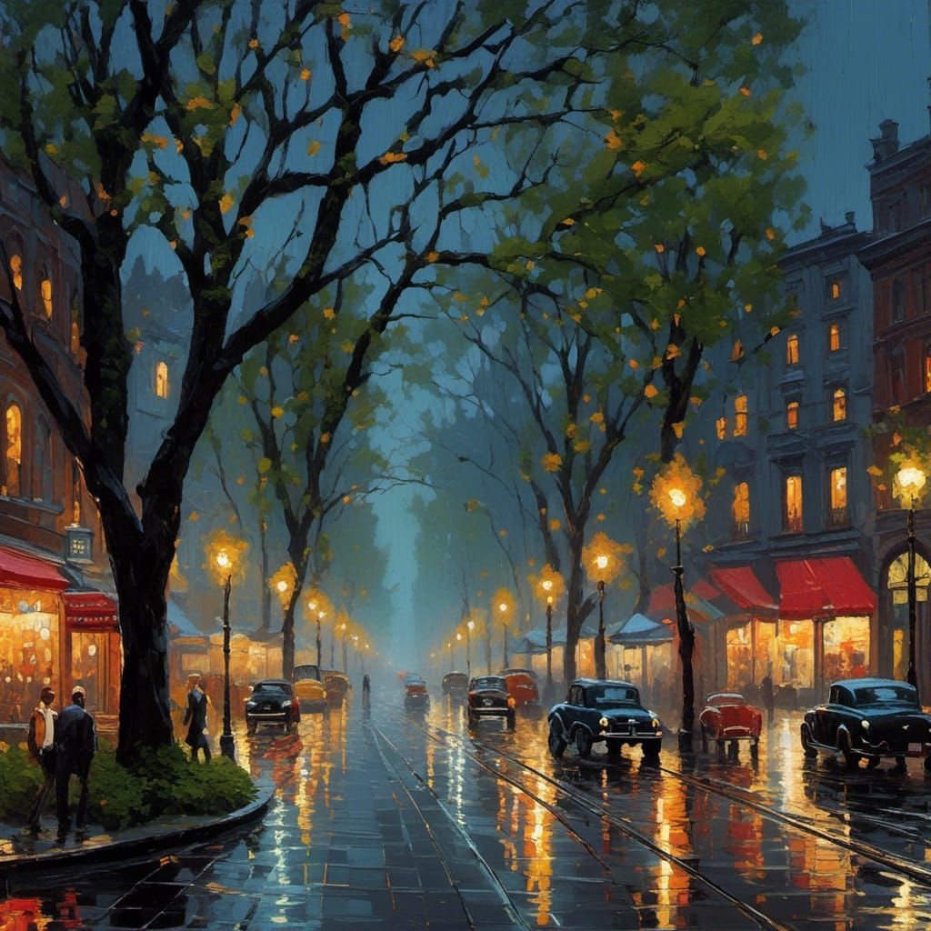 Rainy Night Street Scene in Impressionist Style