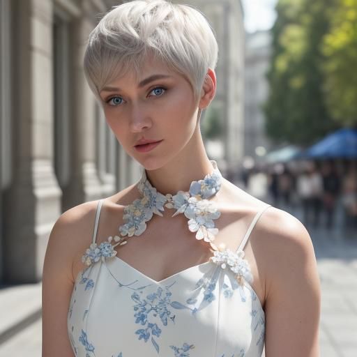 photorealistic, close-up, canon DSLR, 2/3rd front angle portrait.rusian woman with white pixie cut hair and blue eyes st...