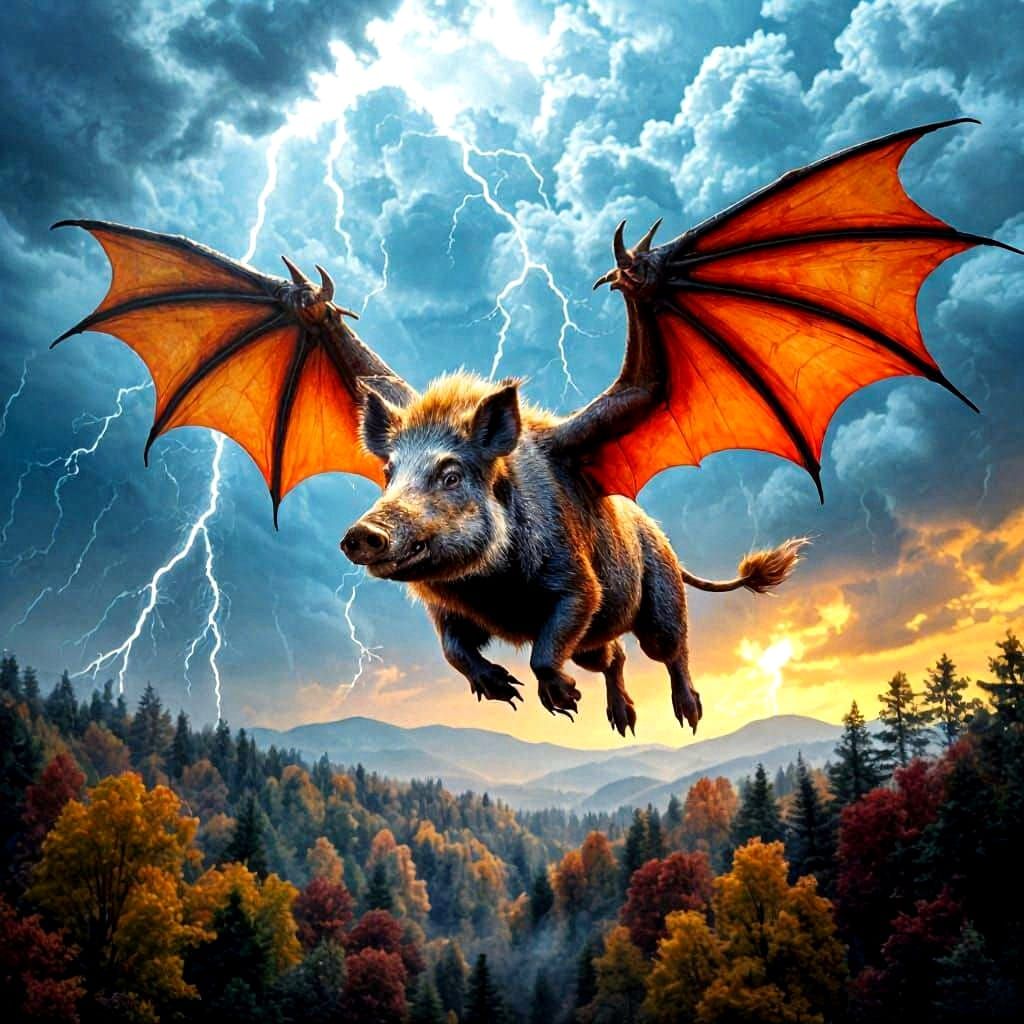 Dragon-Winged Boar Flies Over Autumn Forest