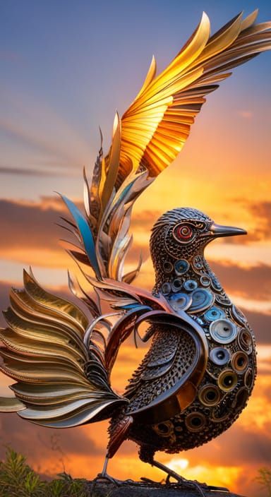 Steampunk Bird Statue with Stained Glass