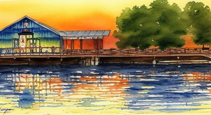 Incandescent Evening Boathouse Watercolor Painting