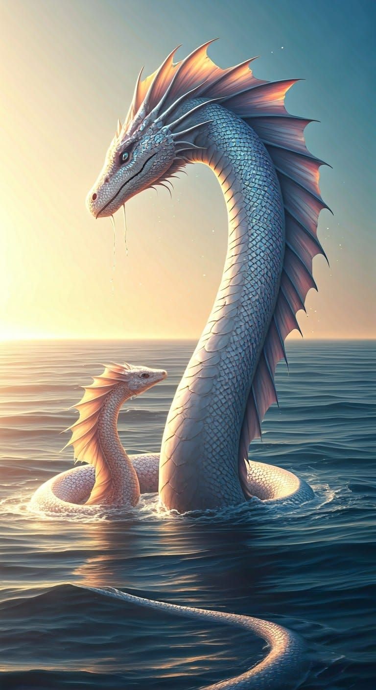 Iridescent Sea Serpent Family in Morning Light