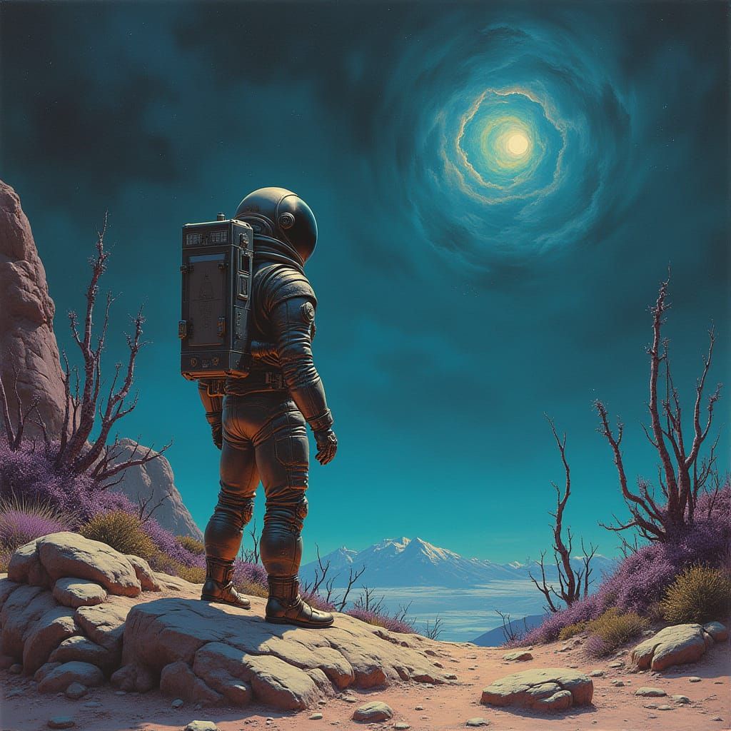 Astronaut on Alien Planet Gazing at Nebula in Surreal Style