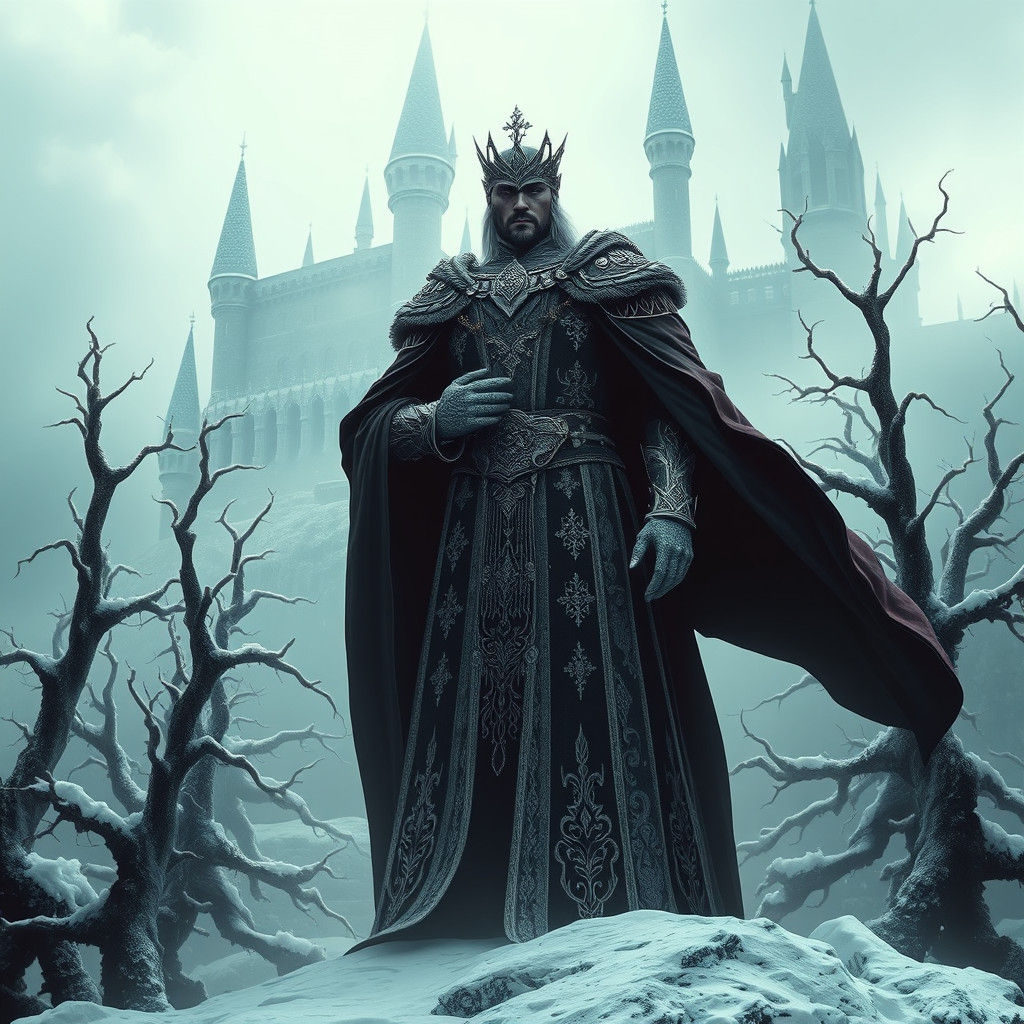 Majestic King in Frozen Landscape, Fantasy Concept Art