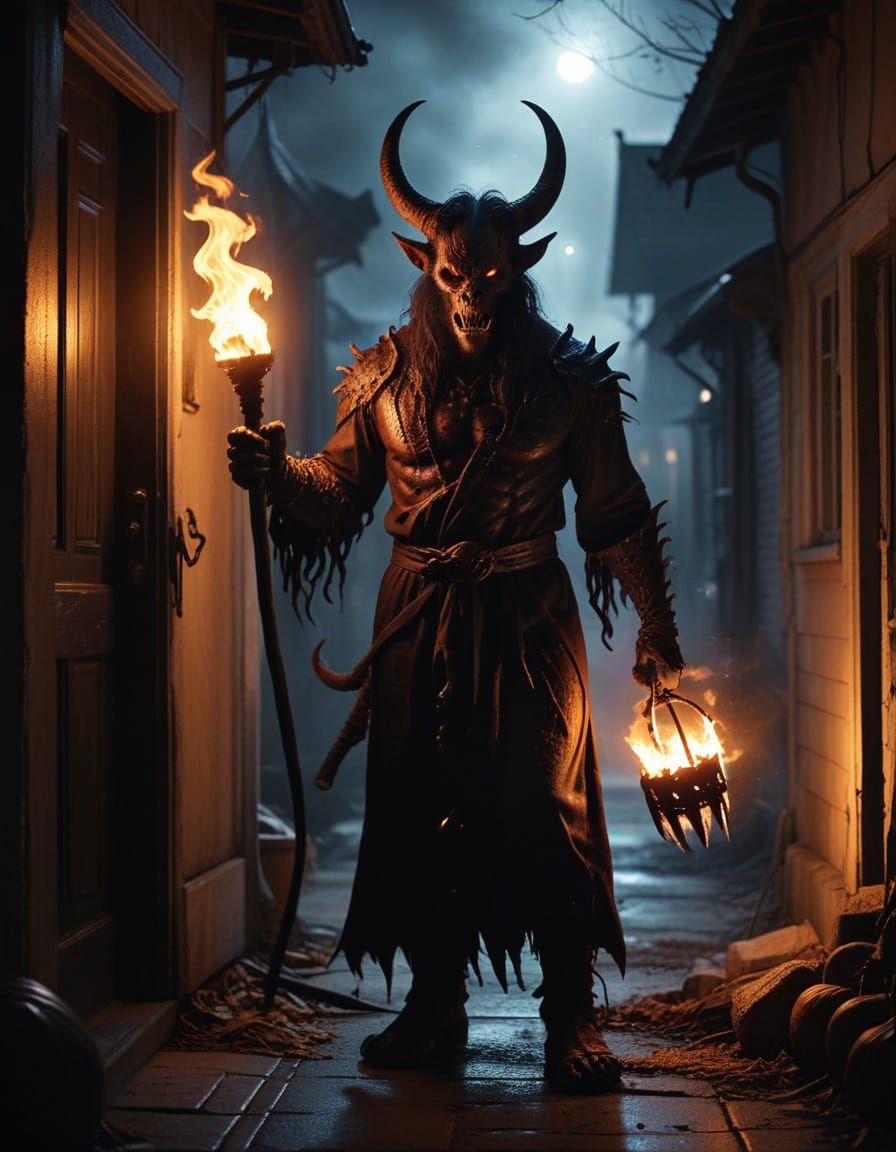 Demon With Torch Stands In City Doorway