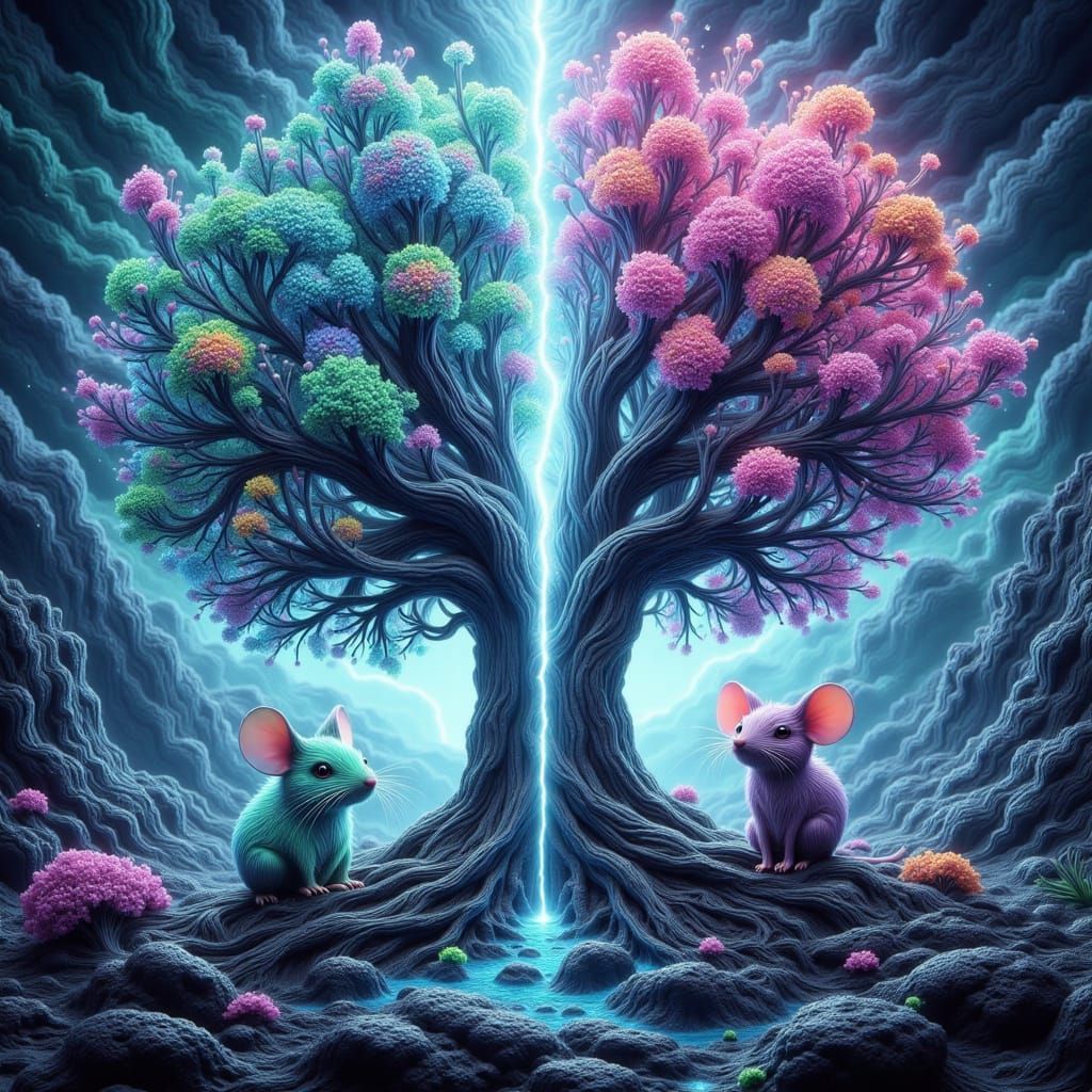 Dual Chibi Mouse Worlds Under Lightning Strike