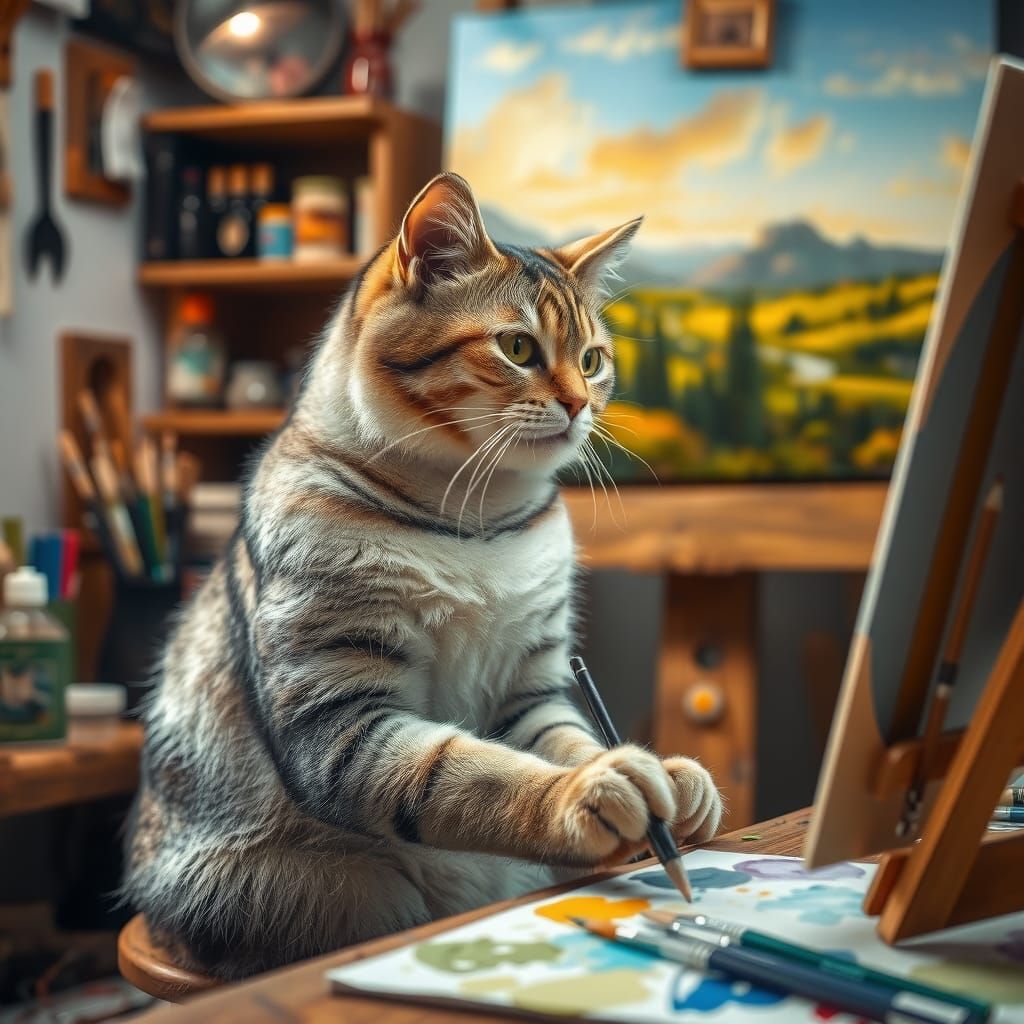 Cat Artist at Cozy Studio Painting a Landscape