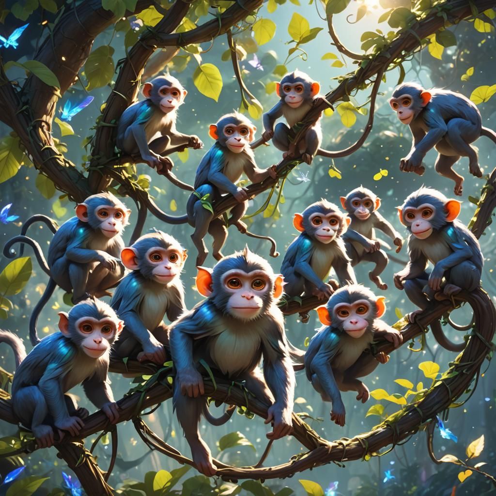 Iridescent Monkeys Swinging on Stardust Vines in 3D Anime Ar...