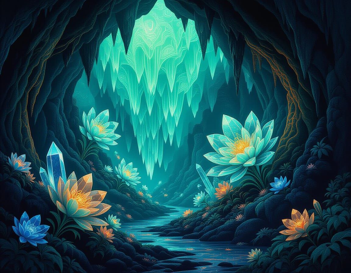 Bioluminescent Cavern on Alien World in Synthwave Style