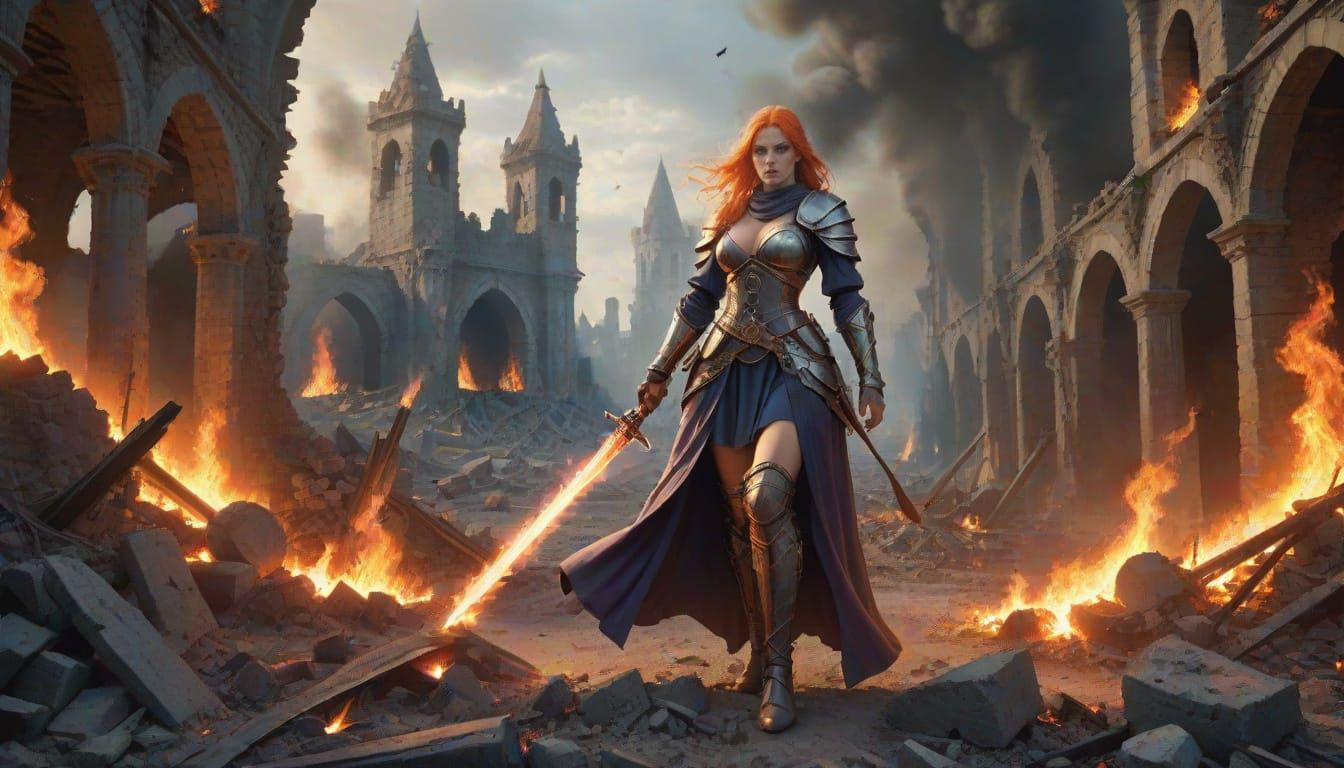 Medieval Sorceress with Flaming Sword in Burning Ruins