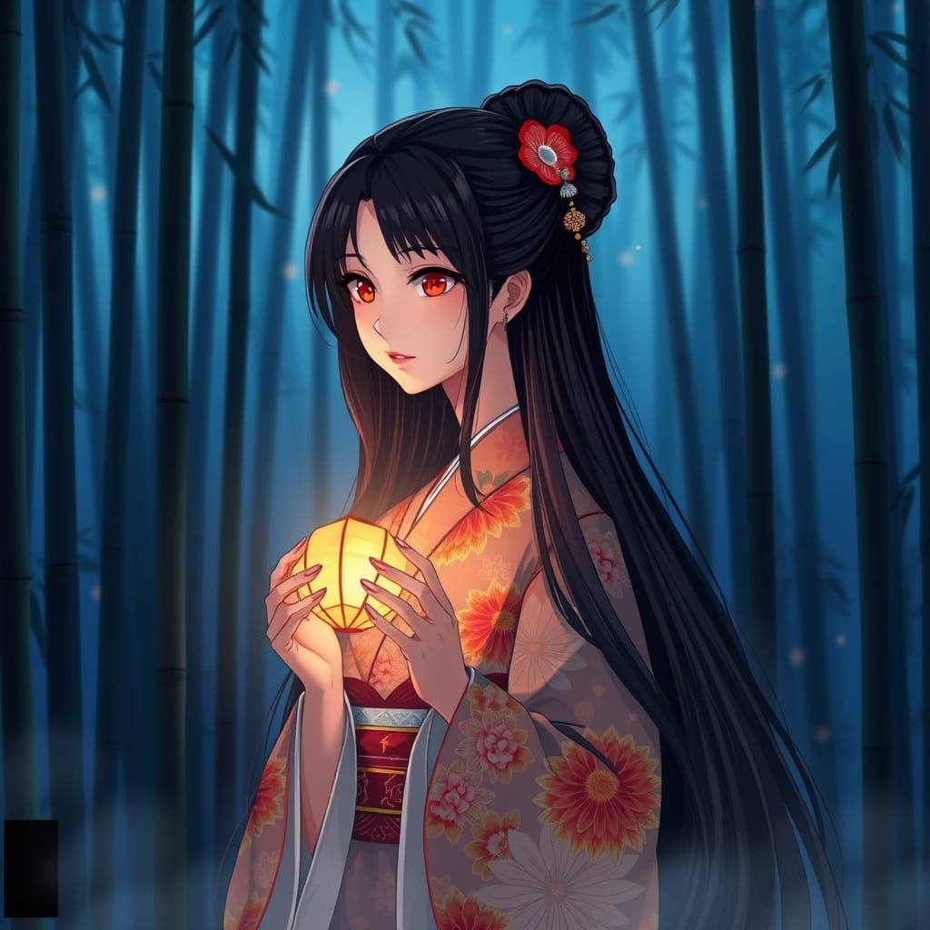 Anime-Style Woman in Traditional Japanese Kimono, Standing i...