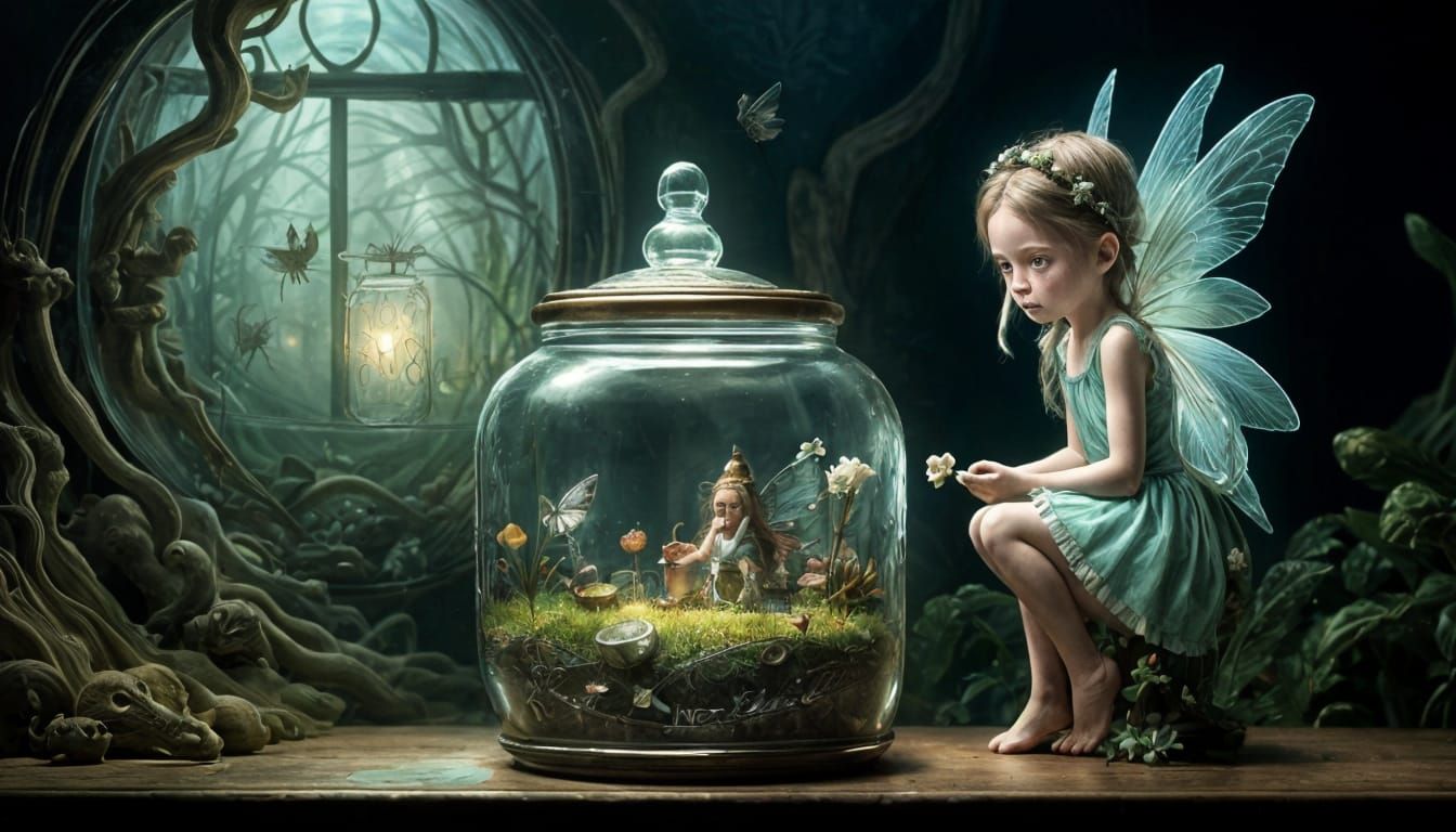 Sinister Fairy Trapped in Jar: Digital Art